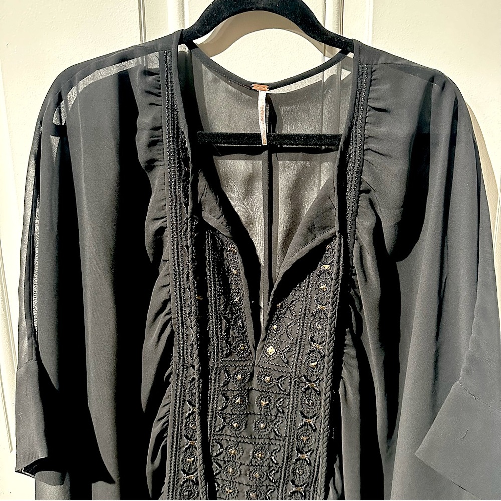 Free People Black Lace & Embroidered Flowy Peasant Shirt